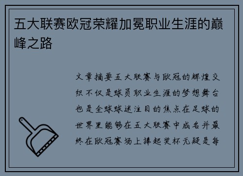 五大联赛欧冠荣耀加冕职业生涯的巅峰之路